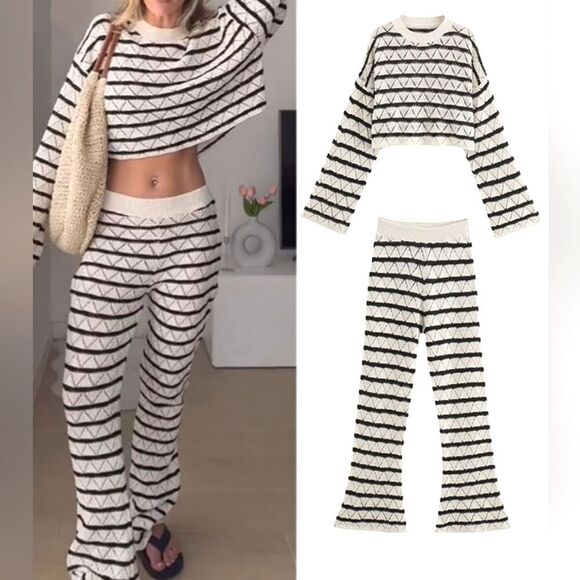 NWT ZARA SET 2 PIECE STRIPED CROCHET PANTS AND AND STRIPED TOP - Picture 1 of 13
